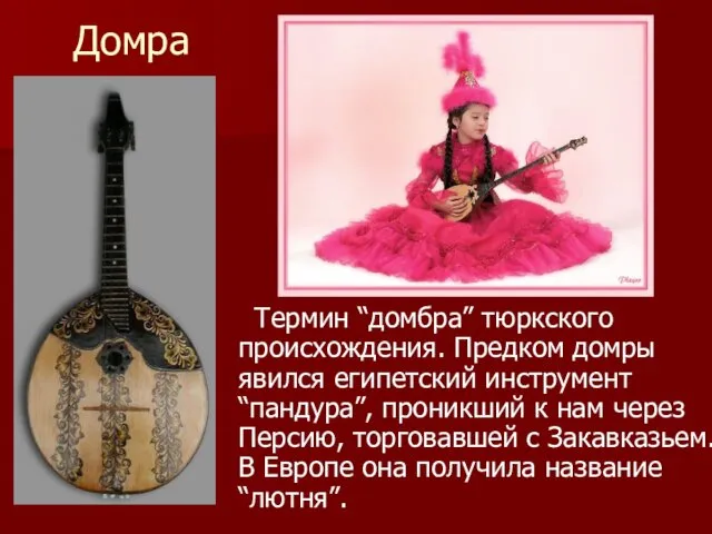 Домра Термин “домбра” тюркского происхождения. Предком домры явился египетский инструмент