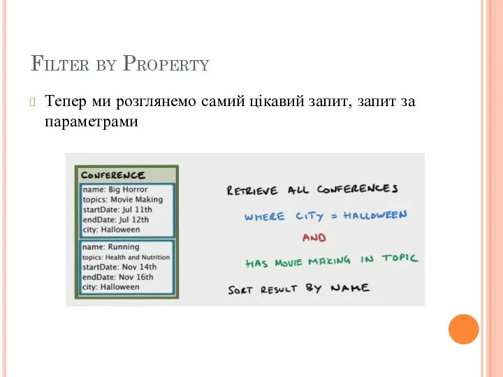 Filter by Property Тепер ми розглянемо самий цікавий запит, запит за параметрами