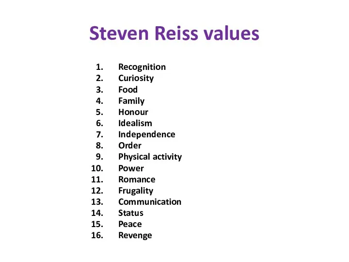 Steven Reiss values Recognition Curiosity Food Family Honour Idealism Independence