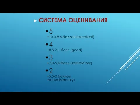 5 10,0-8,6 баллов (excellent) 4 8,5-7,1 балл (good) 3 7,0-5,6