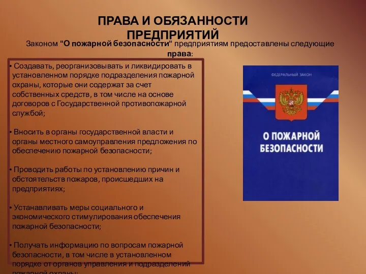 ПРАВА И ОБЯЗАННОСТИ ПРЕДПРИЯТИЙ Законом "О пожарной безопасности" предприятиям предоставлены