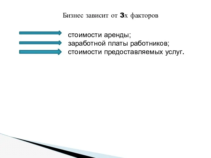 Бизнес зависит от 3х факторов стоимости аренды; заработной платы работников; стоимости предоставляемых услуг.