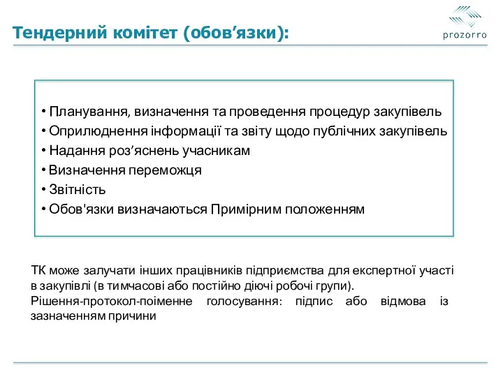 Тендерний комітет (обов’язки): Планування, визначення та проведення процедур закупівель Оприлюднення