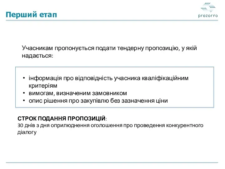 Перший етап Учасникам пропонується подати тендерну пропозицію, у якій надається: