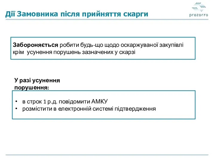 Дії Замовника після прийняття скарги Забороняється робити будь-що щодо оскаржуваної