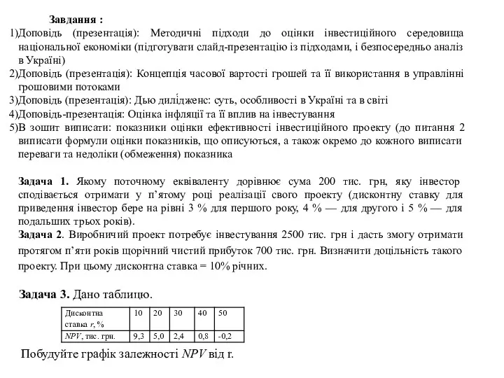 Завдання : Доповідь (презентація): Методичні підходи до оцінки інвестиційного середовища