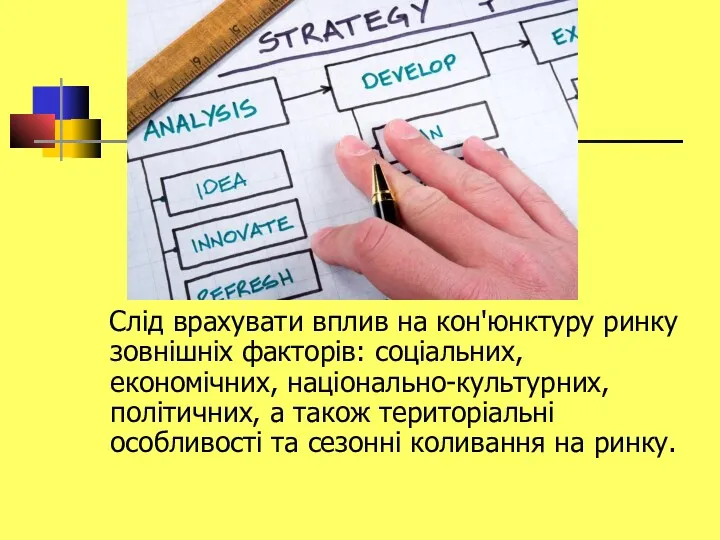 Слід врахувати вплив на кон'юнктуру ринку зовнішніх факторів: соціальних, економічних,