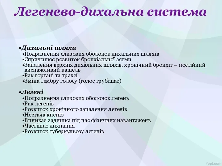 Легенево-дихальна система Дихальні шляхи Подразнення слизових оболонок дихальних шляхів Спричинює