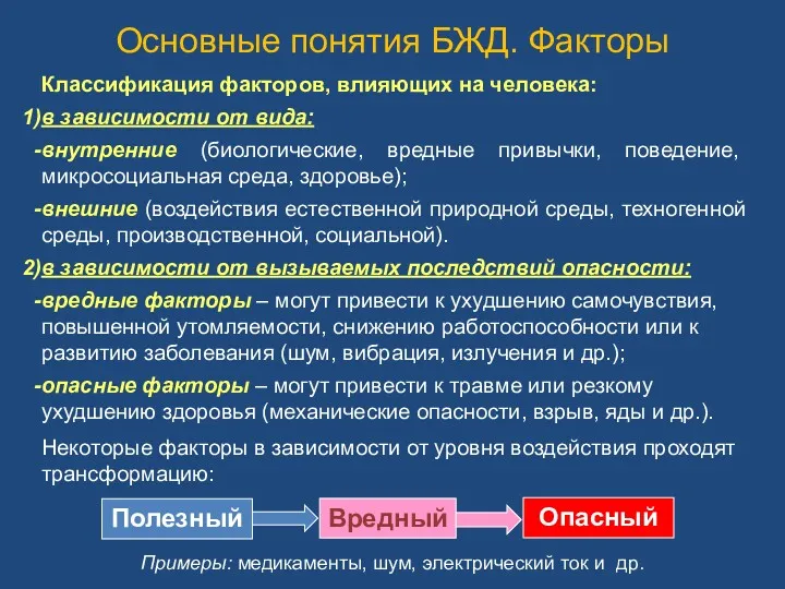 Основные понятия БЖД. Факторы Классификация факторов, влияющих на человека: в