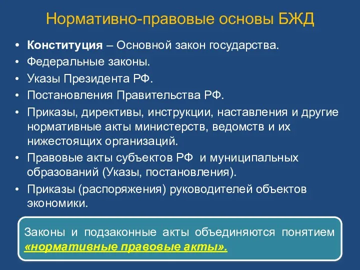 Нормативно-правовые основы БЖД Конституция – Основной закон государства. Федеральные законы.