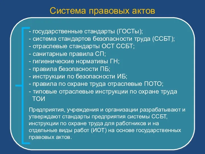 Система правовых актов - государственные стандарты (ГОСТы); - система стандартов