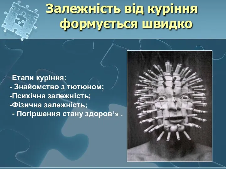 Залежність від куріння формується швидко Етапи куріння: Знайомство з тютюном;