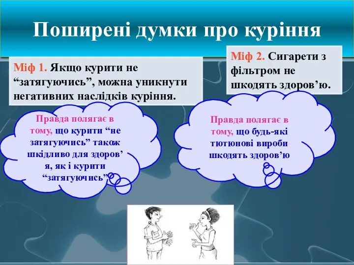 Поширені думки про куріння Міф 1. Якщо курити не “затягуючись”,