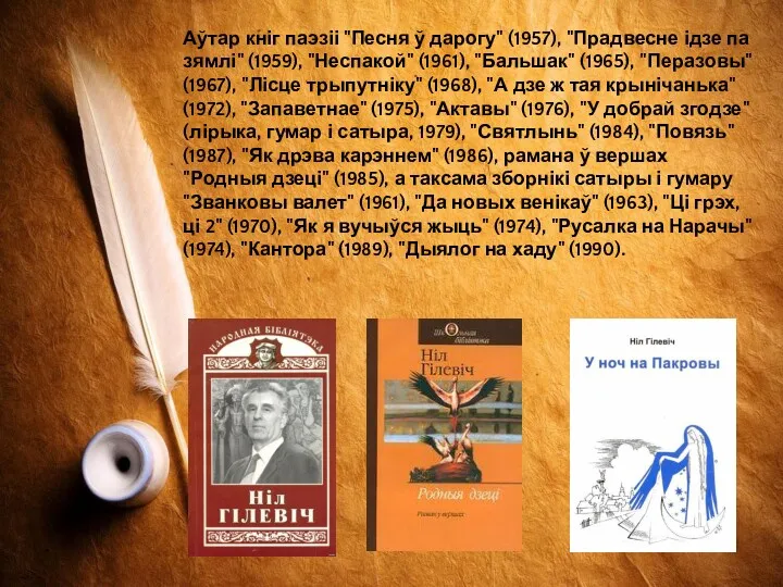 Аўтар кніг паэзіі "Песня ў дарогу" (1957), "Прадвесне ідзе па