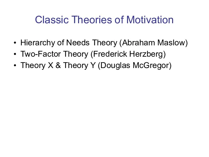 Classic Theories of Motivation Hierarchy of Needs Theory (Abraham Maslow)