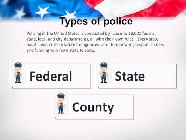 Types of police Policing in the United States is conducted