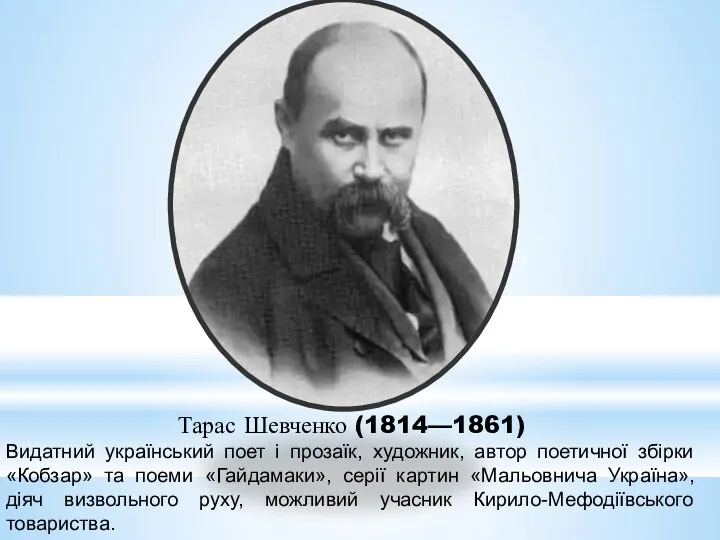 Тарас Шевченко (1814—1861) Видатний український поет і прозаїк, художник, автор поетичної збірки «Кобзар»
