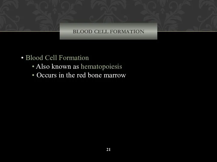 BLOOD CELL FORMATION Blood Cell Formation Also known as hematopoiesis Occurs in the red bone marrow