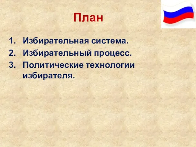 План Избирательная система. Избирательный процесс. Политические технологии избирателя.