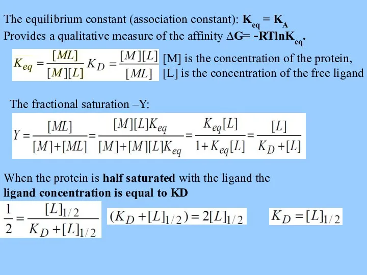 The equilibrium constant (association constant): Keq = KA Provides a