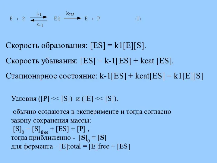 Скорость образования: [ES] = k1[E][S]. Скорость убывания: [ES] = k-1[ES]