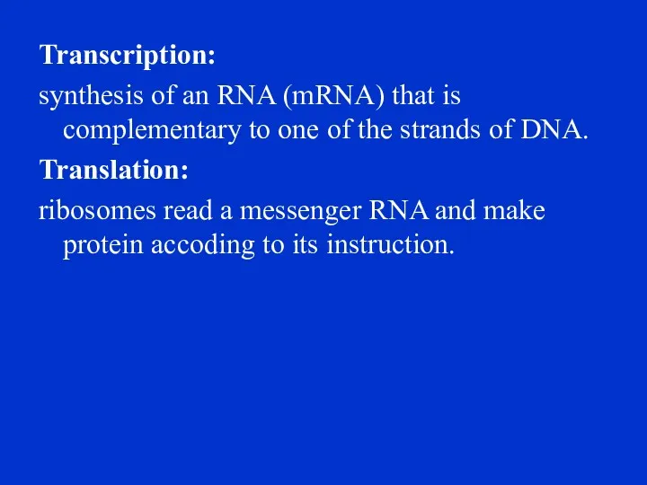 Transcription: synthesis of an RNA (mRNA) that is complementary to one of the