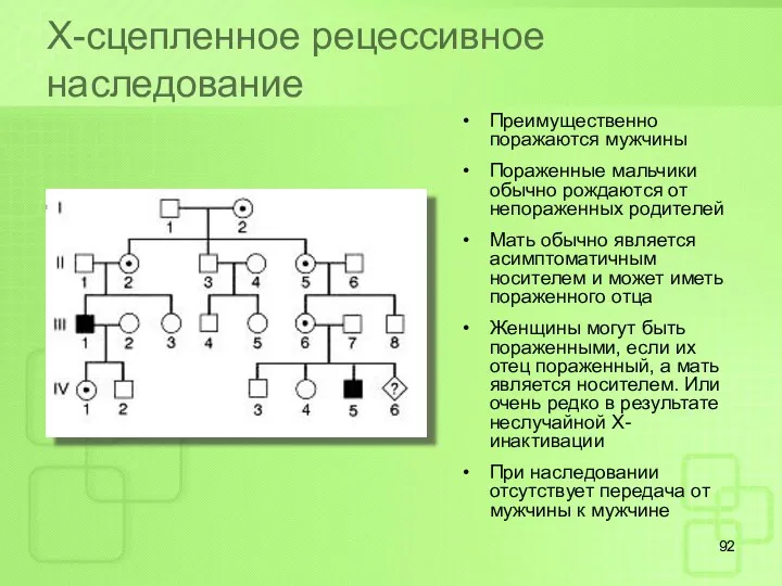 Х-сцепленное рецессивное наследование Преимущественно поражаются мужчины Пораженные мальчики обычно рождаются