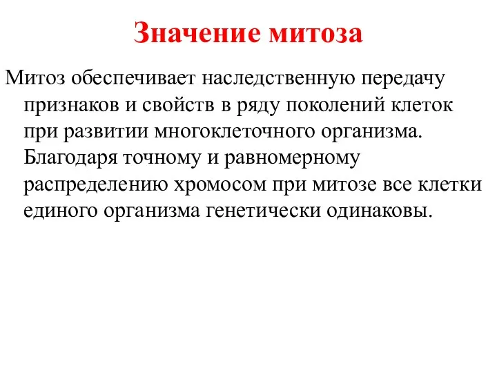 Значение митоза Митоз обеспечивает наследственную передачу признаков и свойств в