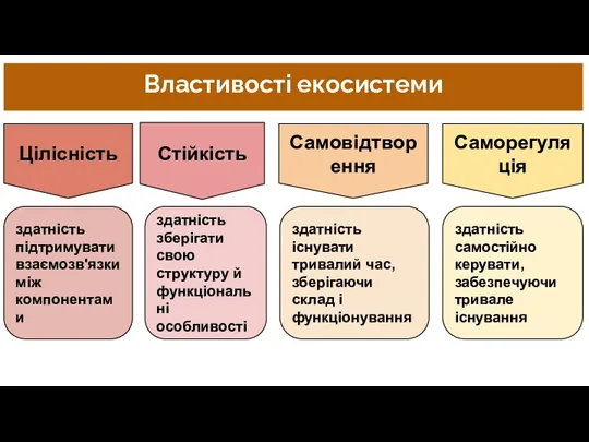 Властивості екосистеми Цілісність Стійкість Самовідтворення Саморегуляція здатність підтримувати взаємозв'язки між