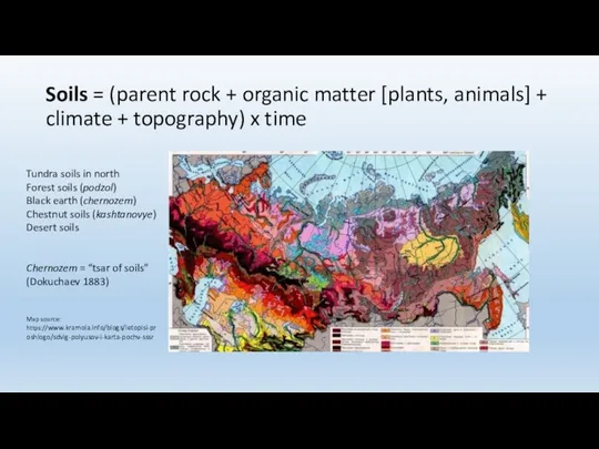 Soils = (parent rock + organic matter [plants, animals] +