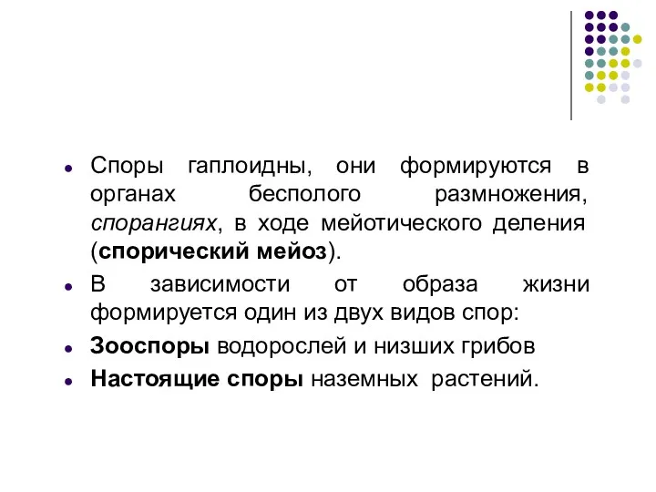 Споры гаплоидны, они формируются в органах бесполого размножения, спорангиях, в ходе мейотического деления