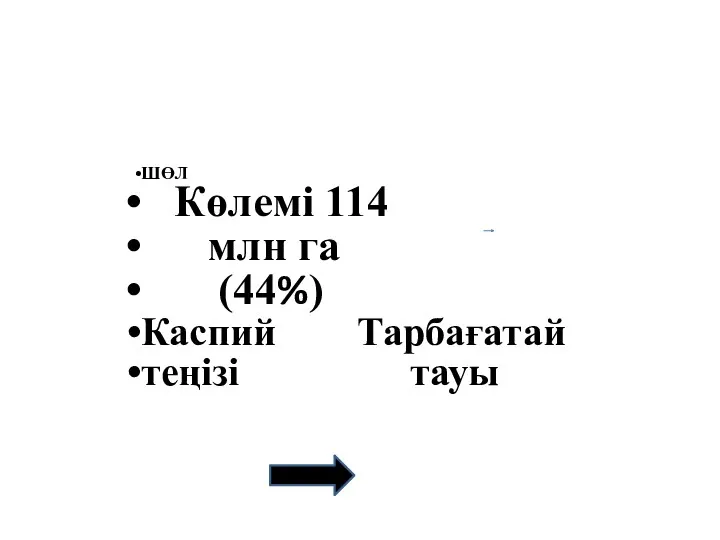 ШӨЛ Көлемі 114 млн га (44%) Каспий Тарбағатай теңізі тауы