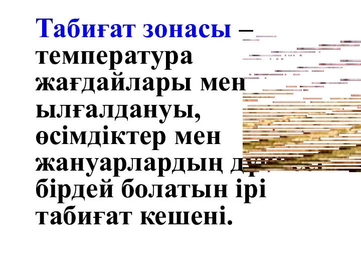 Табиғат зонасы – температура жағдайлары мен ылғалдануы, өсімдіктер мен жануарлардың дүниесі бірдей болатын ірі табиғат кешені.