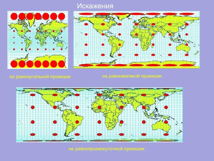 на равновеликой проекции Искажения на равноугольной проекции на равнопромежуточной проекции
