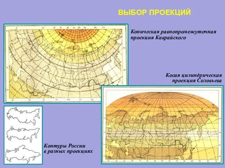 ВЫБОР ПРОЕКЦИЙ Коническая равнопромежуточная проекция Каврайского Косая цилиндрическая проекция Соловьева Контуры России в разных проекциях