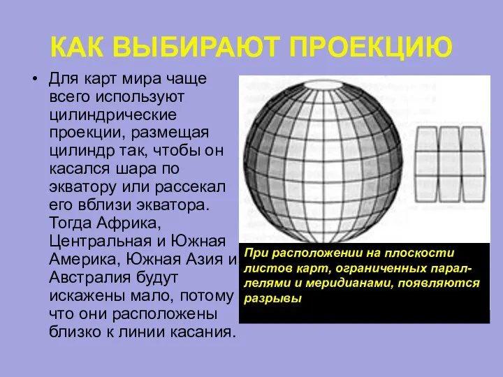 КАК ВЫБИРАЮТ ПРОЕКЦИЮ Для карт мира чаще всего используют цилиндрические