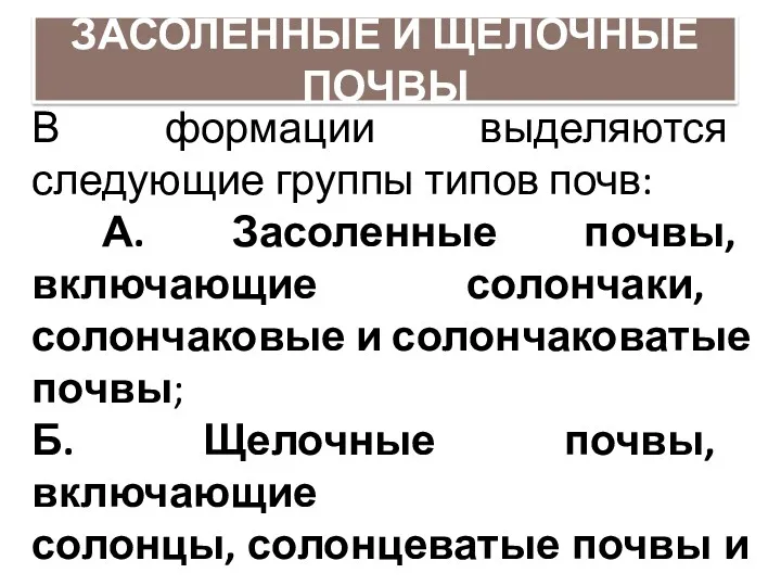 ЗАСОЛЕННЫЕ И ЩЕЛОЧНЫЕ ПОЧВЫ В формации выделяются следующие группы типов