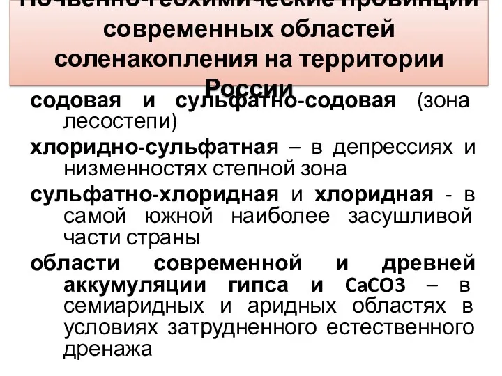 Почвенно-геохимические провинции современных областей соленакопления на территории России содовая и
