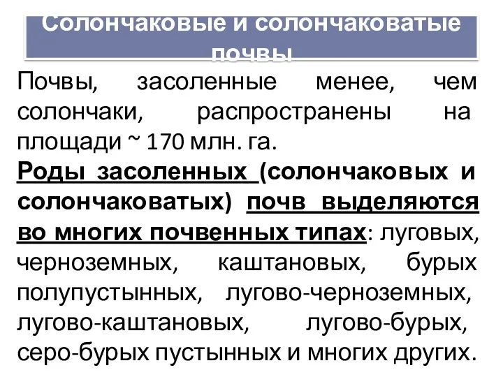 Солончаковые и солончаковатые почвы Почвы, засоленные менее, чем солончаки, распространены