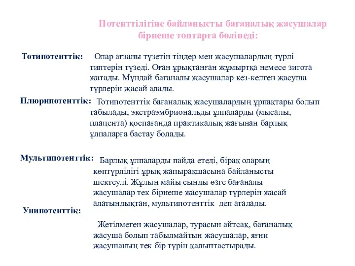 Потенттілігіне байланысты бағаналық жасушалар бірнеше топтарға бөлінеді: Тотипотенттік: Олар ағзаны