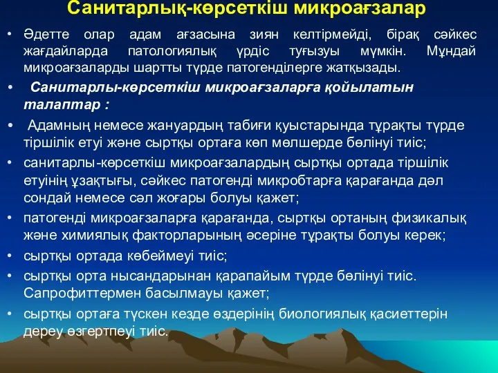 Санитарлық-көрсеткіш микроағзалар Әдетте олар адам ағзасына зиян келтірмейді, бірақ сәйкес