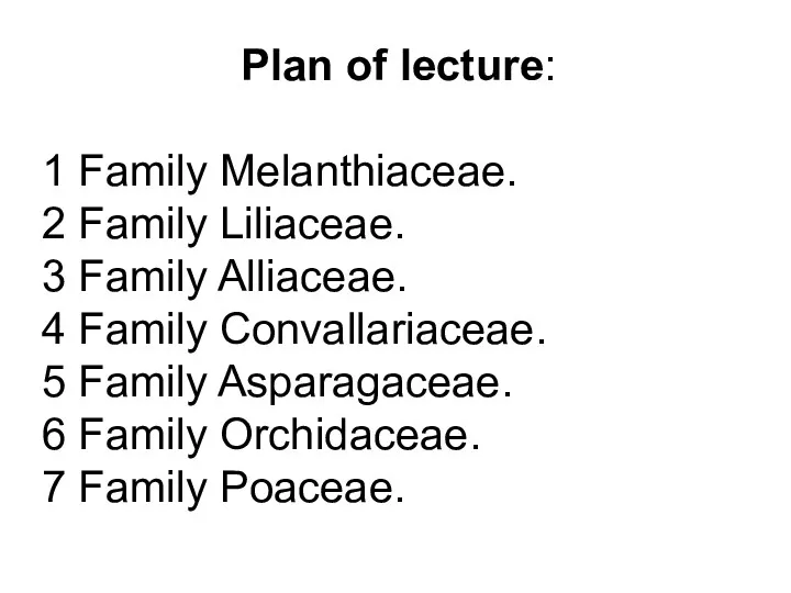 Plan of lecture: 1 Family Melanthiaceae. 2 Family Liliaceae. 3
