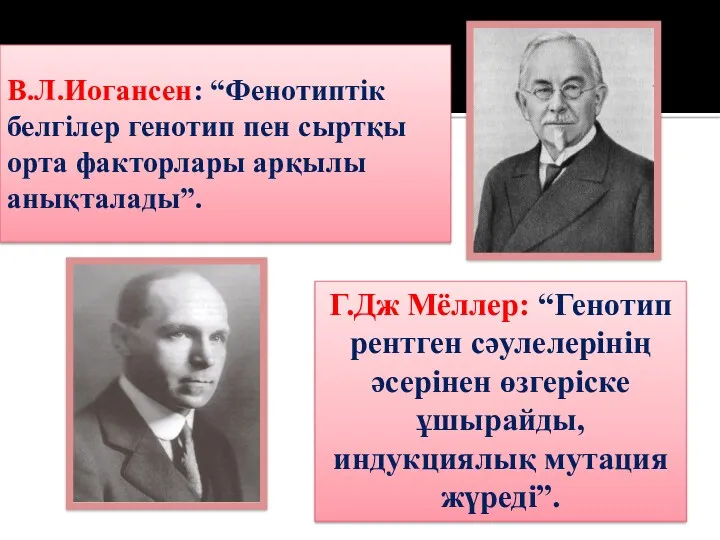 В.Л.Иогансен: “Фенотиптік белгілер генотип пен сыртқы орта факторлары арқылы анықталады”.