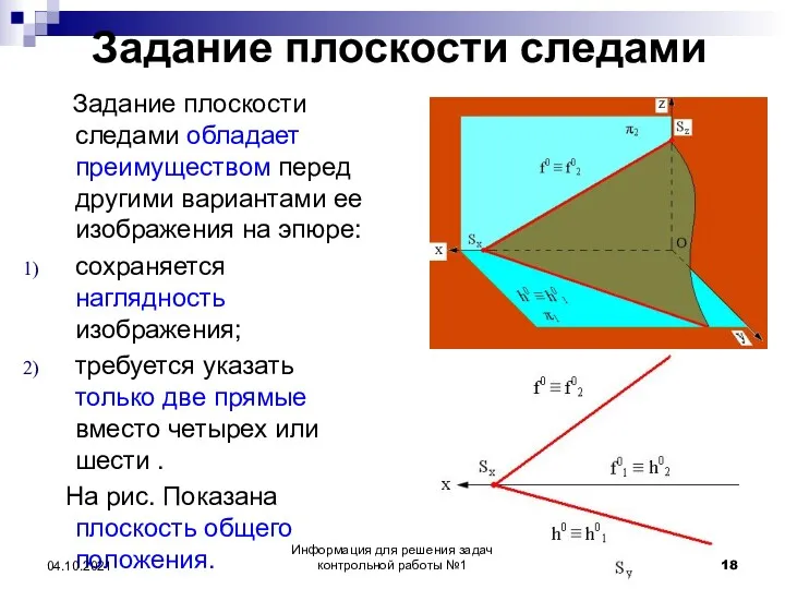 Задание плоскости следами Задание плоскости следами обладает преимуществом перед другими