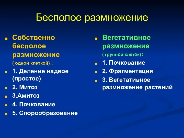 Бесполое размножение Собственно бесполое размножение ( одной клеткой) : 1.