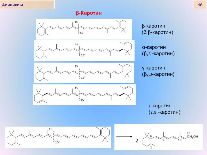 β-Каротин Алициклы 16 β-каротин (β,β-каротин) α-каротин (β,ε -каротин) γ-каротин (β,ψ-каротин) ε-каротин (ε,ε -каротин)
