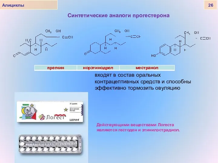 Алициклы 26 Синтетические аналоги прогестерона входят в состав оральных контрацептивных