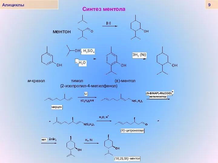 Алициклы 9 Синтез ментола ментон м-крезол тимол (±)-ментол (2-изопропил-4-метилфенол)