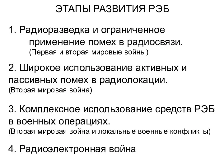 ЭТАПЫ РАЗВИТИЯ РЭБ 1. Радиоразведка и ограниченное применение помех в