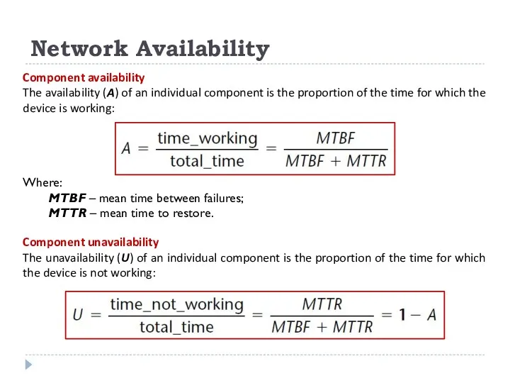 Network Availability Component availability The availability (A) of an individual